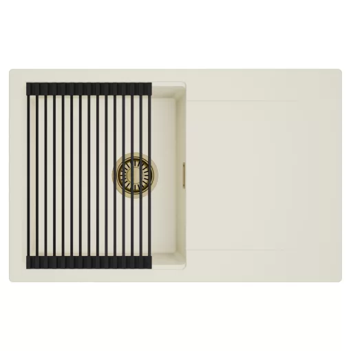 HD Onyx White 78 egymedencés mosogatótálca szett, matt fekete csepegtetőráccsal, csepegtetőtálcával, tört fehér színben, szálcsiszolt arany leeresztő szifonnal