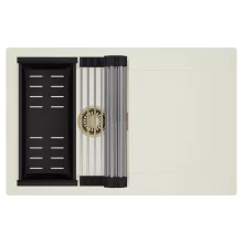 HD Onyx White 78 egymedencés mosogatótálca szett, acél csepegtetőráccsal és matt fekete kosárral, csepegtetőtálcával, tört fehér színben, szálcsiszolt arany leeresztő szifonnal