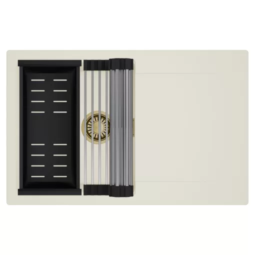 HD Onyx White 78 egymedencés mosogatótálca szett, acél csepegtetőráccsal és matt fekete kosárral, csepegtetőtálcával, tört fehér színben, szálcsiszolt arany leeresztő szifonnal