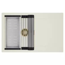 HD Onyx White 78 egymedencés mosogatótálca szett, acél csepegtetőráccsal és kosárral, csepegtetőtálcával, tört fehér színben, szálcsiszolt arany leeresztő szifonnal