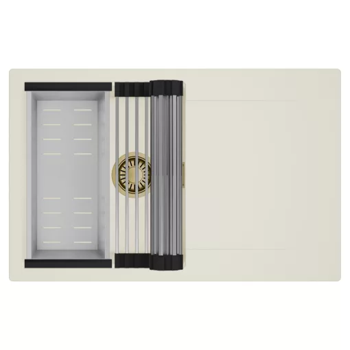 HD Onyx White 78 egymedencés mosogatótálca szett, acél csepegtetőráccsal és kosárral, csepegtetőtálcával, tört fehér színben, szálcsiszolt arany leeresztő szifonnal