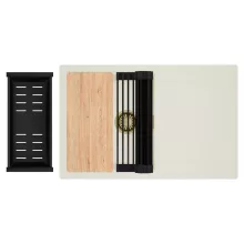 HD Onyx White 78 egymedencés gránit mosogatótálca szett, vágódeszkával, csepegtetőtálcával, vágódeszkával, matt fekete csepegtetőráccsal és kosárral, tört fehér színben, szálcsiszolt arany leeresztő szifonnal