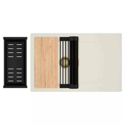 HD Onyx White 78 egymedencés gránit mosogatótálca szett, vágódeszkával, csepegtetőtálcával, vágódeszkával, matt fekete csepegtetőráccsal és kosárral, tört fehér színben, szálcsiszolt arany leeresztő szifonnal