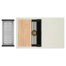 HD Onyx White 78 egymedencés gránit mosogatótálca szett, vágódeszkával, csepegtetőtálcával, vágódeszkával, matt fekete csepegtetőráccsal és krómozott kosárral, tört fehér színben, szálcsiszolt arany leeresztő szifonnal