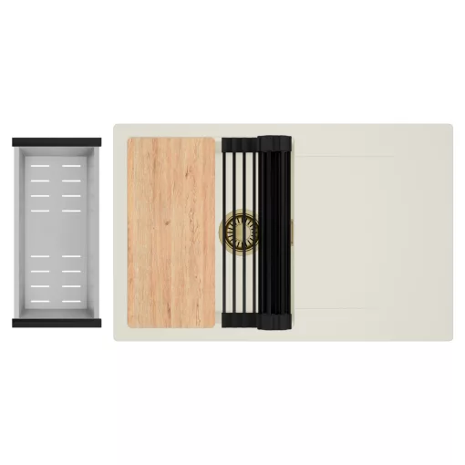 HD Onyx White 78 egymedencés gránit mosogatótálca szett, vágódeszkával, csepegtetőtálcával, vágódeszkával, matt fekete csepegtetőráccsal és krómozott kosárral, tört fehér színben, szálcsiszolt arany leeresztő szifonnal