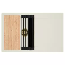 HD Onyx White 78 egymedencés gránit mosogatótálca szett, vágódeszkával, csepegtetőtálcával, vágódeszkával, matt fekete csepegtetőráccsal, tört fehér színben, szálcsiszolt arany leeresztő szifonnal