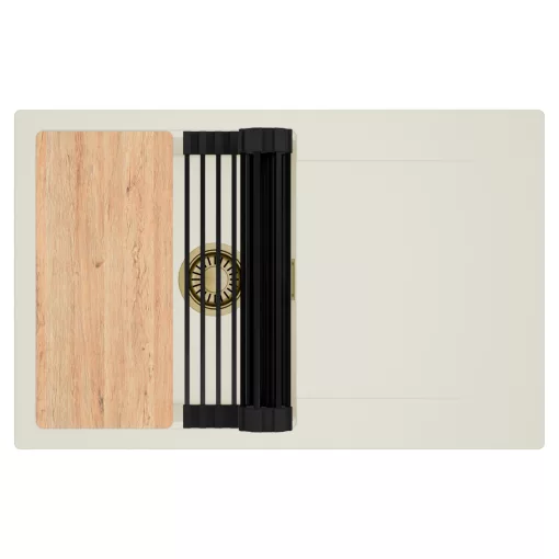 HD Onyx White 78 egymedencés gránit mosogatótálca szett, vágódeszkával, csepegtetőtálcával, vágódeszkával, matt fekete csepegtetőráccsal, tört fehér színben, szálcsiszolt arany leeresztő szifonnal