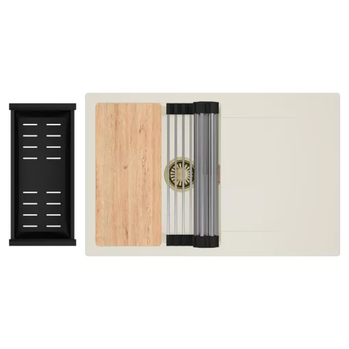 HD Onyx White 78 egymedencés gránit mosogatótálca szett, vágódeszkával, csepegtetőtálcával, vágódeszkával, acél csepegtetőráccsal és matt fekete kosárral, tört fehér színben, szálcsiszolt arany leeresztő szifonnal