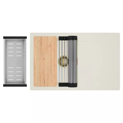 HD Onyx White 78 egymedencés gránit mosogatótálca szett, vágódeszkával, csepegtetőtálcával, vágódeszkával, acél csepegtetőráccsal és kosárral, tört fehér színben, szálcsiszolt arany leeresztő szifonnal