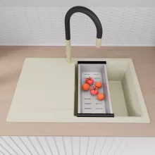 HD Onyx White 78 egymedencés gránit mosogatótálca szett, vágódeszkával, csepegtetőtálcával, vágódeszkával, acél csepegtetőráccsal és kosárral, tört fehér színben, szálcsiszolt arany leeresztő szifonnal