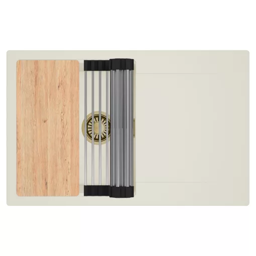 HD Onyx White 78 egymedencés gránit mosogatótálca szett, vágódeszkával, csepegtetőtálcával, vágódeszkával, acél csepegtetőráccsal, tört fehér színben, szálcsiszolt arany leeresztő szifonnal