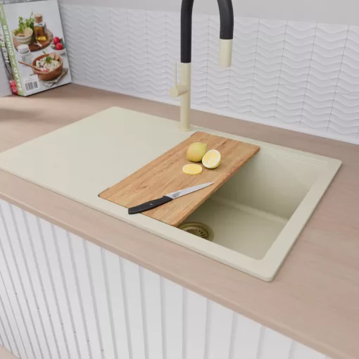 HD Onyx White 78 egymedencés gránit mosogatótálca szett, vágódeszkával, csepegtetőtálcával, vágódeszkával, acél csepegtetőráccsal, tört fehér színben, szálcsiszolt arany leeresztő szifonnal