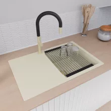 HD Onyx White 78 egymedencés gránit mosogatótálca szett, vágódeszkával, csepegtetőtálcával, vágódeszkával, acél csepegtetőráccsal, tört fehér színben, szálcsiszolt arany leeresztő szifonnal