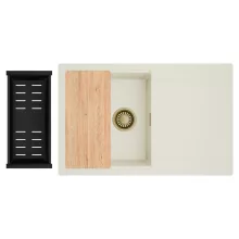 HD Onyx White 78 egymedencés gránit mosogatótálca szett, vágódeszkával, csepegtetőtálcával, vágódeszkával, matt fekete csepegtetőkosárral, tört fehér színben, szálcsiszolt arany leeresztő szifonnal