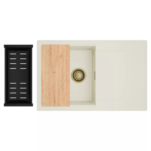 HD Onyx White 78 egymedencés gránit mosogatótálca szett, vágódeszkával, csepegtetőtálcával, vágódeszkával, matt fekete csepegtetőkosárral, tört fehér színben, szálcsiszolt arany leeresztő szifonnal