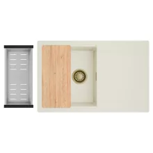 HD Onyx White 78 egymedencés gránit mosogatótálca szett, vágódeszkával, csepegtetőtálcával, vágódeszkával, acél csepegtetőkosárral, tört fehér színben, szálcsiszolt arany leeresztő szifonnal