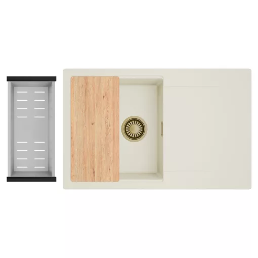 HD Onyx White 78 egymedencés gránit mosogatótálca szett, vágódeszkával, csepegtetőtálcával, vágódeszkával, acél csepegtetőkosárral, tört fehér színben, szálcsiszolt arany leeresztő szifonnal