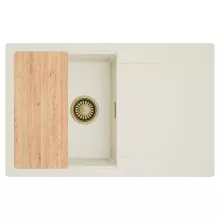 HD Onyx White 78 egymedencés gránit mosogatótálca, vágódeszkával, vágódeszkával, tört fehér színben, szálcsiszolt arany leeresztő szifonnal