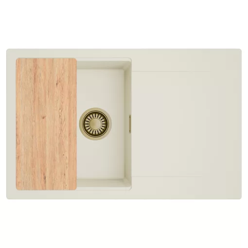 HD Onyx White 78 egymedencés gránit mosogatótálca, vágódeszkával, vágódeszkával, tört fehér színben, szálcsiszolt arany leeresztő szifonnal