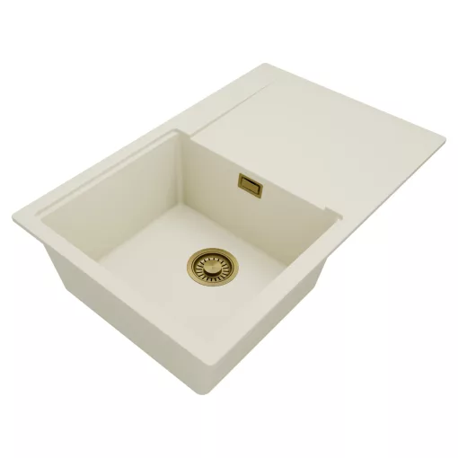 HD Onyx White 78 egymedencés gránit mosogatótálca, vágódeszkával, vágódeszkával, tört fehér színben, szálcsiszolt arany leeresztő szifonnal