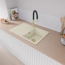 HD Onyx White 78 egymedencés gránit mosogatótálca, vágódeszkával, vágódeszkával, tört fehér színben, szálcsiszolt arany leeresztő szifonnal