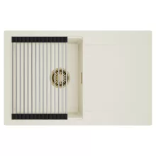 HD Onyx White 78 egymedencés mosogatótálca szett, acél csepegtetőráccsal, csepegtetőtálcával, tört fehér színben, szálcsiszolt arany leeresztő szifonnal