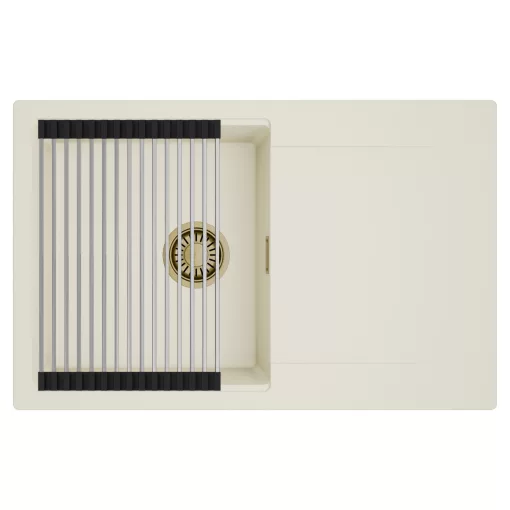 HD Onyx White 78 egymedencés mosogatótálca szett, acél csepegtetőráccsal, csepegtetőtálcával, tört fehér színben, szálcsiszolt arany leeresztő szifonnal