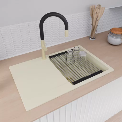 HD Onyx White 78 egymedencés mosogatótálca szett, acél csepegtetőráccsal, csepegtetőtálcával, tört fehér színben, szálcsiszolt arany leeresztő szifonnal