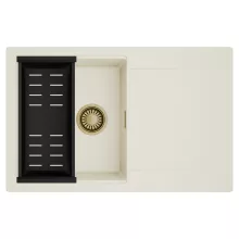 HD Onyx White 78 egymedencés mosogatótálca szett, matt fekete csepegtetőkosárral, csepegtetőtálcával, tört fehér színben, szálcsiszolt arany leeresztő szifonnal