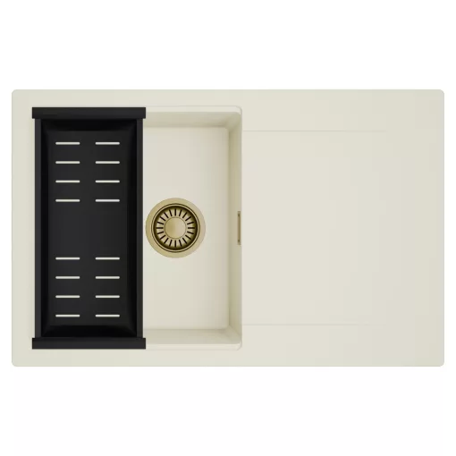 HD Onyx White 78 egymedencés mosogatótálca szett, matt fekete csepegtetőkosárral, csepegtetőtálcával, tört fehér színben, szálcsiszolt arany leeresztő szifonnal