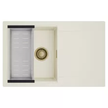 HD Onyx White 78 egymedencés mosogatótálca szett, acél csepegtetőkosárral, csepegtetőtálcával, tört fehér színben, szálcsiszolt arany leeresztő szifonnal