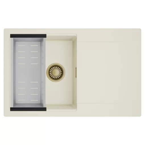 HD Onyx White 78 egymedencés mosogatótálca szett, acél csepegtetőkosárral, csepegtetőtálcával, tört fehér színben, szálcsiszolt arany leeresztő szifonnal