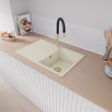 HD Onyx White 78 egymedencés mosogatótálca, csepegtetőtálcával, tört fehér színben, szálcsiszolt arany leeresztő szifonnal