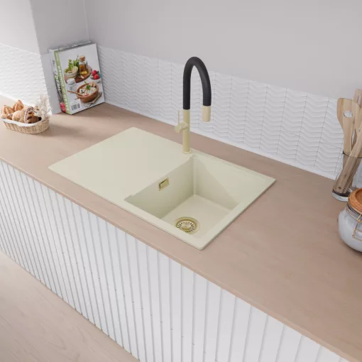 HD Onyx White 78 egymedencés mosogatótálca, csepegtetőtálcával, tört fehér színben, szálcsiszolt arany leeresztő szifonnal