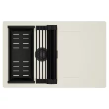 HD Onyx White 78 egymedencés mosogatótálca szett, matt fekete csepegtetőráccsal és kosárral, csepegtetőtálcával, tört fehér színben, matt fekete leeresztő szifonnal