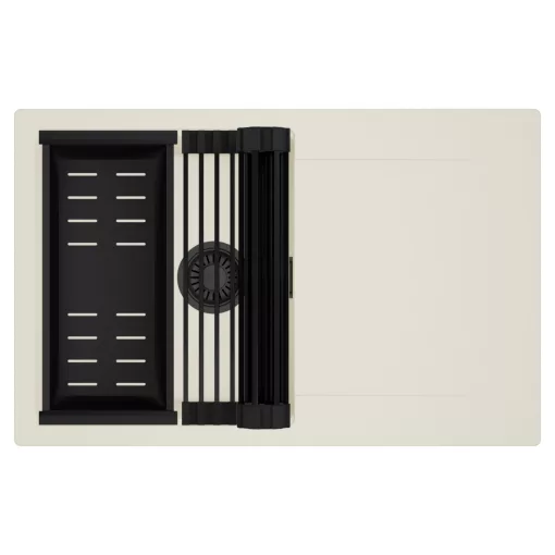 HD Onyx White 78 egymedencés mosogatótálca szett, matt fekete csepegtetőráccsal és kosárral, csepegtetőtálcával, tört fehér színben, matt fekete leeresztő szifonnal