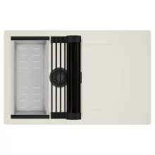 HD Onyx White 78 egymedencés mosogatótálca szett, matt fekete csepegtetőráccsal és krómozott kosárral, csepegtetőtálcával, tört fehér színben, matt fekete leeresztő szifonnal