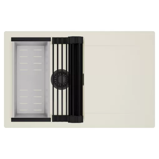 HD Onyx White 78 egymedencés mosogatótálca szett, matt fekete csepegtetőráccsal és krómozott kosárral, csepegtetőtálcával, tört fehér színben, matt fekete leeresztő szifonnal