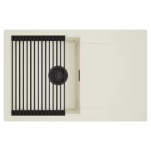 HD Onyx White 78 egymedencés mosogatótálca szett, matt fekete csepegtetőráccsal, csepegtetőtálcával, tört fehér színben, matt fekete leeresztő szifonnal