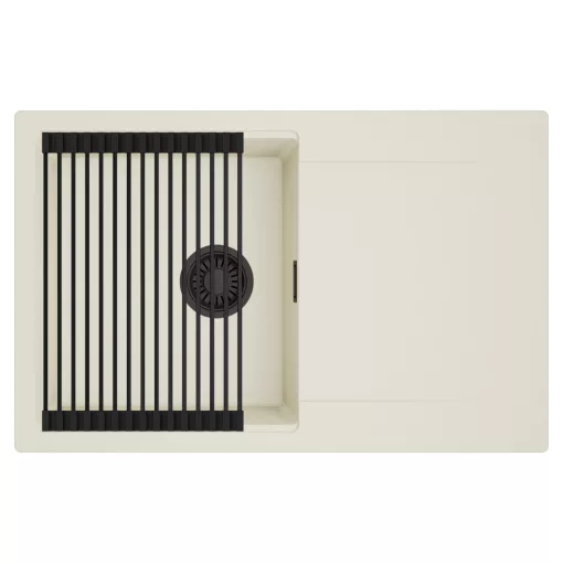 HD Onyx White 78 egymedencés mosogatótálca szett, matt fekete csepegtetőráccsal, csepegtetőtálcával, tört fehér színben, matt fekete leeresztő szifonnal