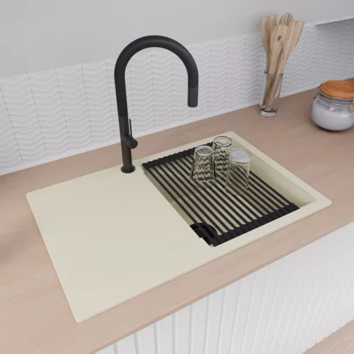 HD Onyx White 78 egymedencés mosogatótálca szett, matt fekete csepegtetőráccsal, csepegtetőtálcával, tört fehér színben, matt fekete leeresztő szifonnal