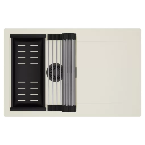 HD Onyx White 78 egymedencés mosogatótálca szett, acél csepegtetőráccsal és matt fekete kosárral, csepegtetőtálcával, tört fehér színben, matt fekete leeresztő szifonnal