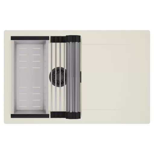 HD Onyx White 78 egymedencés mosogatótálca szett, acél csepegtetőráccsal és kosárral, csepegtetőtálcával, tört fehér színben, matt fekete leeresztő szifonnal