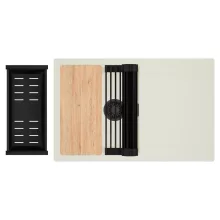 HD Onyx White 78 egymedencés gránit mosogatótálca szett, vágódeszkával, csepegtetőtálcával, vágódeszkával, matt fekete csepegtetőráccsal és kosárral, tört fehér színben, matt fekete leeresztő szifonnal