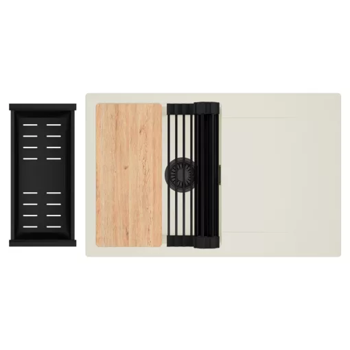 HD Onyx White 78 egymedencés gránit mosogatótálca szett, vágódeszkával, csepegtetőtálcával, vágódeszkával, matt fekete csepegtetőráccsal és kosárral, tört fehér színben, matt fekete leeresztő szifonnal