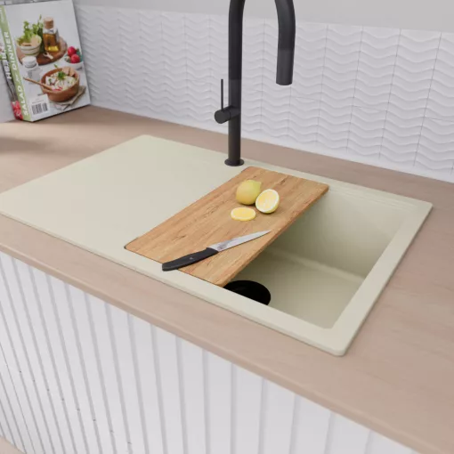 HD Onyx White 78 egymedencés gránit mosogatótálca szett, vágódeszkával, csepegtetőtálcával, vágódeszkával, matt fekete csepegtetőráccsal és kosárral, tört fehér színben, matt fekete leeresztő szifonnal