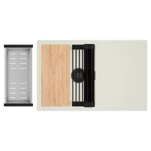 HD Onyx White 78 egymedencés gránit mosogatótálca szett, vágódeszkával, csepegtetőtálcával, vágódeszkával, matt fekete csepegtetőráccsal és krómozott kosárral, tört fehér színben, matt fekete leeresztő szifonnal