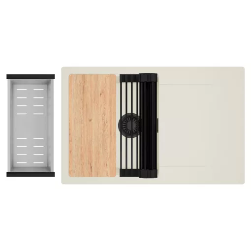 HD Onyx White 78 egymedencés gránit mosogatótálca szett, vágódeszkával, csepegtetőtálcával, vágódeszkával, matt fekete csepegtetőráccsal és krómozott kosárral, tört fehér színben, matt fekete leeresztő szifonnal