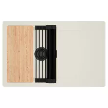 HD Onyx White 78 egymedencés gránit mosogatótálca szett, vágódeszkával, csepegtetőtálcával, vágódeszkával, matt fekete csepegtetőráccsal, tört fehér színben, matt fekete leeresztő szifonnal