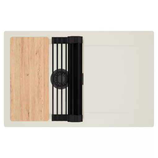 HD Onyx White 78 egymedencés gránit mosogatótálca szett, vágódeszkával, csepegtetőtálcával, vágódeszkával, matt fekete csepegtetőráccsal, tört fehér színben, matt fekete leeresztő szifonnal